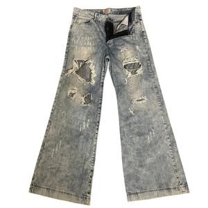 UNIQ BY LITZ Distressed Wide Leg Jeans | Acid Wash, Ripped, Y2K Grunge, 29/9